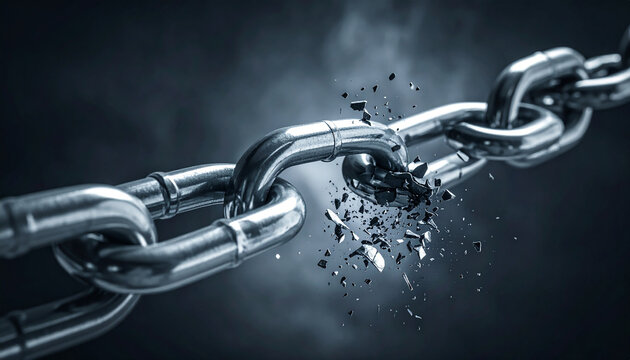 A thick metal chain link is shown breaking apart with debris flying outwards in a dramatic dark setting