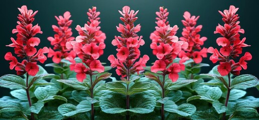 Fototapeta premium row of vibrant red flower spikes with lush textured green leaves, fresh uplifting close-up of ornamental blooms