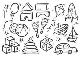 Children toys doodle colllection. Set of kids toys hand drawn illustration. Education toys vector drawing elements. Line art sketch of kite, balls, car, ballon, block, rocket, spinning top, etc. © Dean