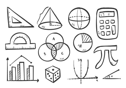 Math doodle colllection. Set of mathematics hand drawn illustration. Math education vector drawing elements. Line art sketch of ruler, sphere, calculator, diagramvenn, dice, graph, pi, angle etc.
