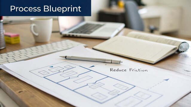 Detailed Process Blueprint on Wooden Desk with Laptop, Coffee Mug, and Notepad Showcasing Workflow and Optimization Strategies for Business Efficiency