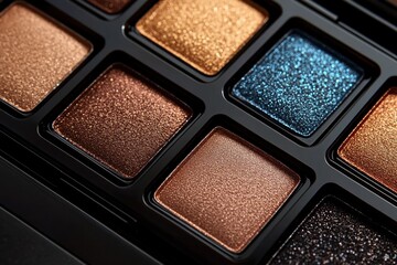 Fototapeta premium close-up of shimmering metallic eyeshadow palette with copper, bronze, gold and blue glitter shades conveying glamorous sparkle