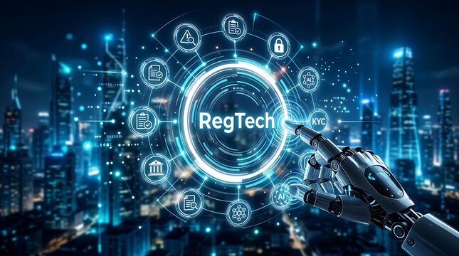 A futuristic robotic hand interacts with a glowing RegTech interface amidst a vibrant cityscape at night.