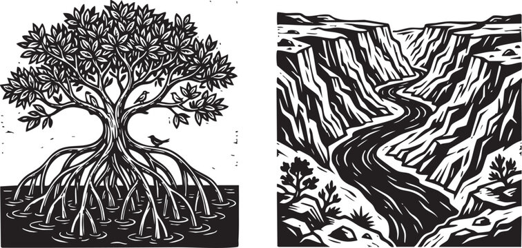 Linocut Mangrove Tree and River Canyon Landscape Silhouettes