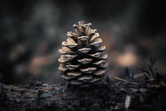 solitary frost-dusted pine cone resting on a dark fallen log in a moody tranquil forest