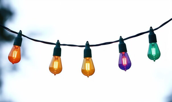 colorful hanging string bulbs glowing against a bright sky, warm filament light on a wire creating a festive, cheerful mood