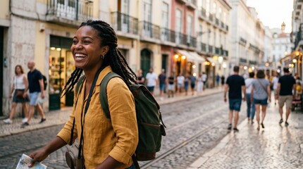 Fototapeta premium Happy young black woman tourist exploring historic city street with backpack and map