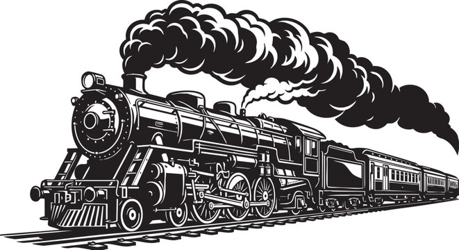 Powerful Vintage Steam Locomotive with Passenger Cars Vector Silhouette