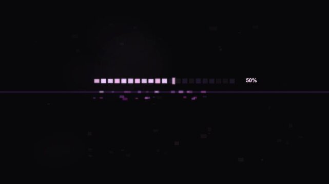 Muted violet digital progress bar filling with segmented blocks and pixel glitch movement