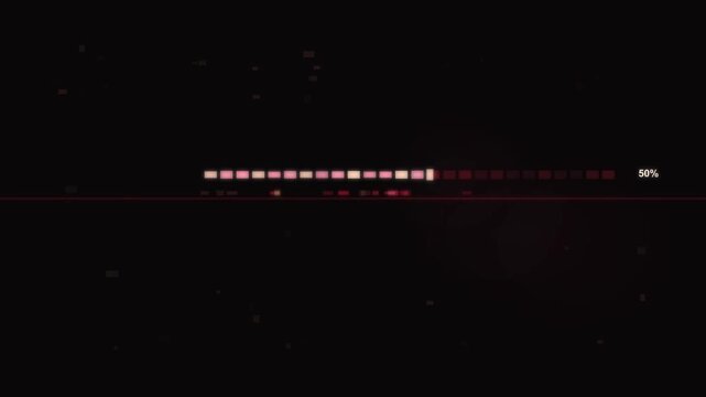 Animated retro pixel loading progress bar with crimson blocks and percentage counter on dark background