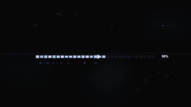 Modern digital loading bar filling up with blue steel segments on dark technology background showing progress