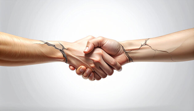 Cracked handshake symbolizing broken trust or agreement between two people with detailed skin texture and light