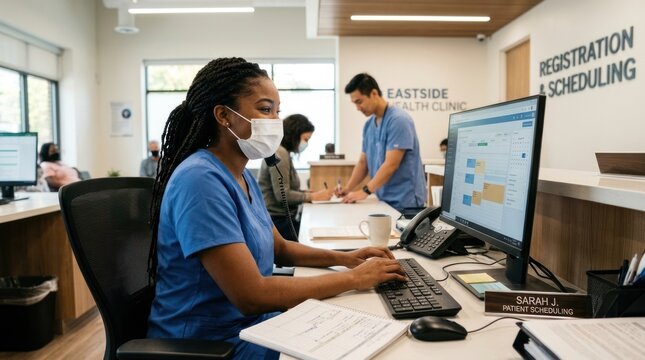 A healthcare worker, Sarah, schedules a patient at Eastside Health Clinic. She wears a blue scrubs uniform and a face mask.