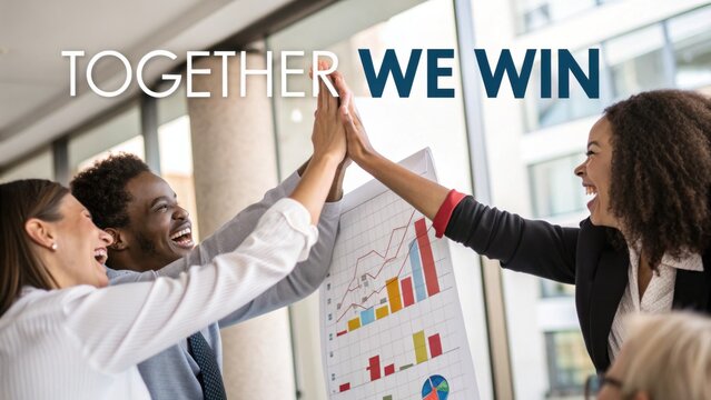 Diverse team celebrates success in corporate environment with enthusiasm and teamwork, showcasing a positive work culture and motivation for achievements