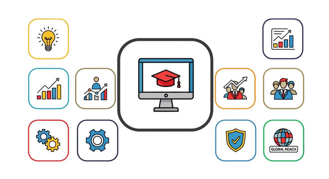 Online education icons with graduation cap on computer screen surrounded by learning and technology symbols.