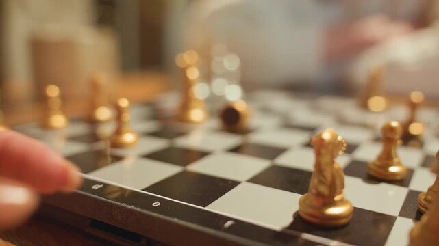 Golden chess pieces on checkered board in cozy cafe setting closeup sequence shows players hand moving pawn and knight across wooden table, warm bokeh lights and coffee cups blurred in background,