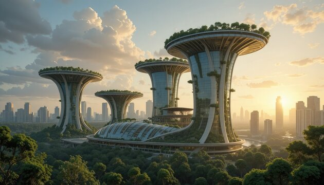 Futuristic cityscape with tall mushroomshaped towers and lush greenery in a modern metropolis at sunset with cloudy sky