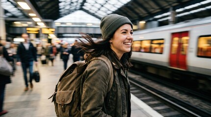 Obraz premium Happy young woman with backpack waiting for train at busy railway station platform