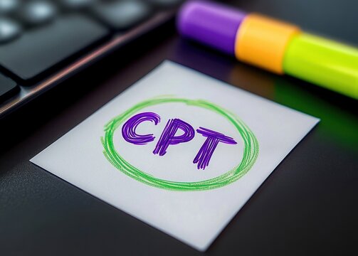 sticky note with bold purple letters 'CPT' circled in green on a black desk beside colorful highlighters and a keyboard, conveying playful creative focus