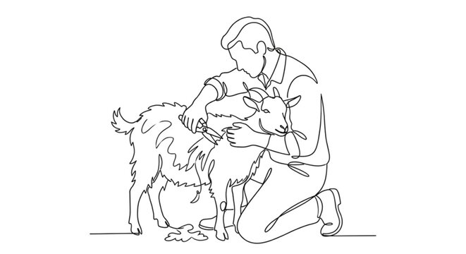 Man shearing a goat in a simple line art illustration  