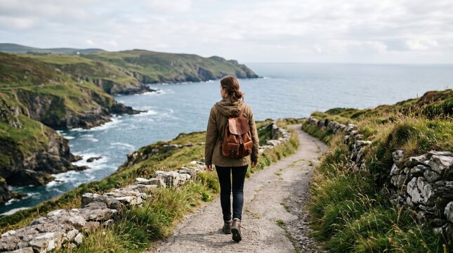 Young woman hiking on a scenic coastal path with a backpack overlooking the ocean