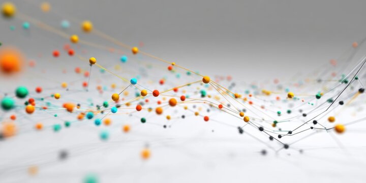 Abstract Network of Colorful Spheres and Lines on a Gradient Background.