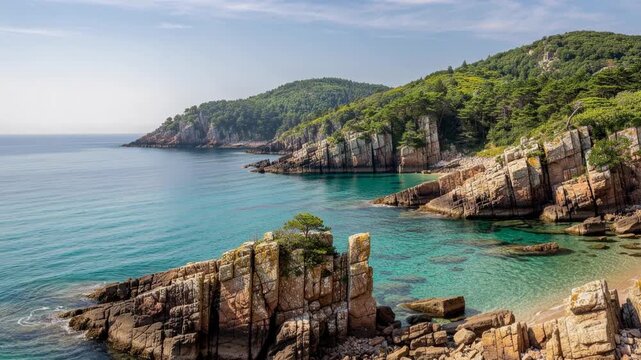 Peaceful coastline with clear turquoise waters and rugged rocks gently lapping serene beach