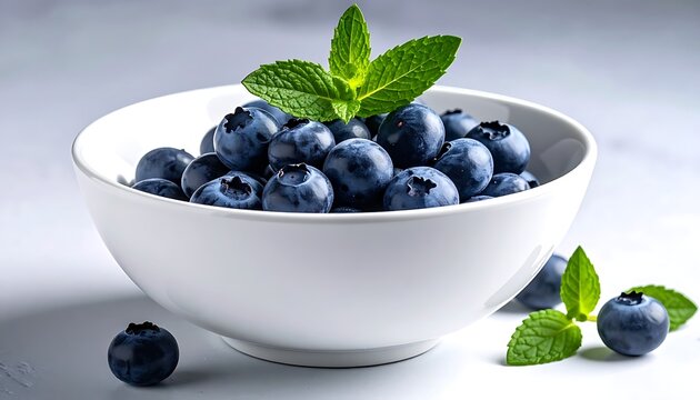 A white bowl filled with blueberries and garnished with green leaves