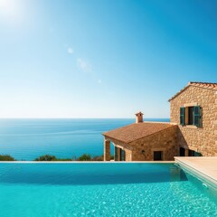 Fototapeta premium A traditional Mediterranean stone villa sits on a hillside with a sparkling infinity pool overlooking the turquoise sea under summer sun, turquoise, vacation, summer