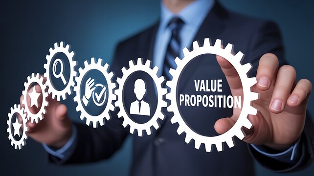 Businessman presenting Value Proposition icons in gears to the audience indoors