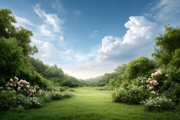 Obraz premium Serene Landscape with Lush Greenery and Colorful Flowers Under a Bright Sky