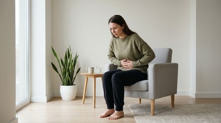 Woman experiencing severe abdominal pain while sitting on a chair at home