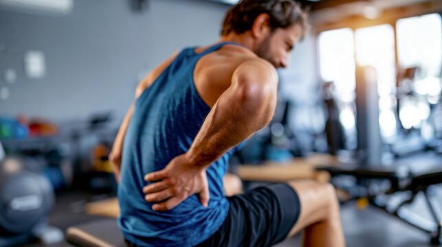 Sportsman with lower back pain sitting on a gym bench in a bright fitness center after training now