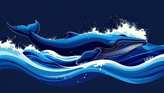dynamic blue whale leaping from ocean waves in abstract motion illustration