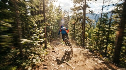 Obraz premium Mountain biker riding down a forest trail on a sunny day