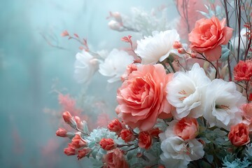 Obraz premium Soft Pastel Floral Arrangement with Coral and White Roses Against a Dreamy Background