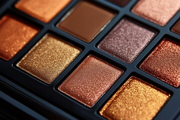 Fototapeta premium Close-up of square metallic eyeshadow pans in a black palette with warm bronze, gold, copper and mauve shimmers conveying glamorous festive sparkle