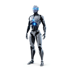 Fototapeta premium futuristic humanoid robot standing in white studio with glowing blue lights for tech innovation and ai concept