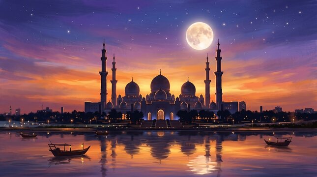 Silhouette of mosque in sunset skyline