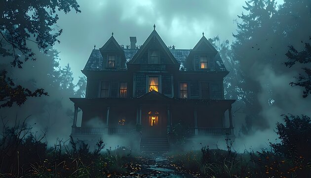 A large, ominous mansion shrouded in fog and darkness