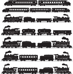Freight train with locomotive, passenger train icons collection. Black silhouette of freight trains collection. Set of railway transport. Black wagon and locomotive © MstHazara