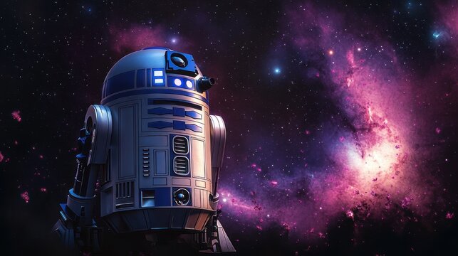 metallic blue and white robot with dome head gazing at a vibrant purple galaxy and starfield, evoking wonder and solitude
