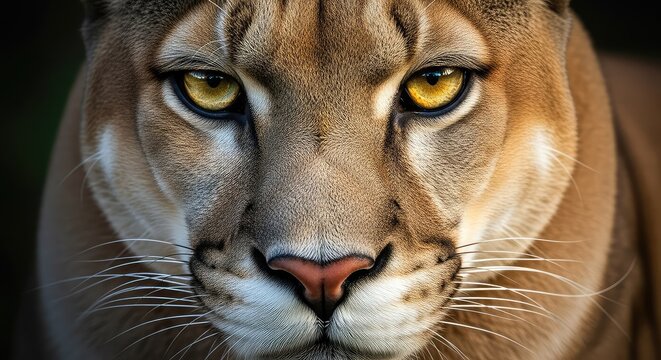 An ultra close macro shot of a powerful puma face, capturing its intense golden eyes, intricate fur textures, and a piercing, deep gaze, mammal, organic, sharp