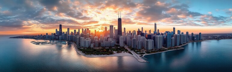 Obraz premium Aerial panoramic view of chicago skyline along lake michigan at sunrise with tall skyscrapers, calm reflective water, dramatic clouds and a warm, serene, awe-inspiring glow