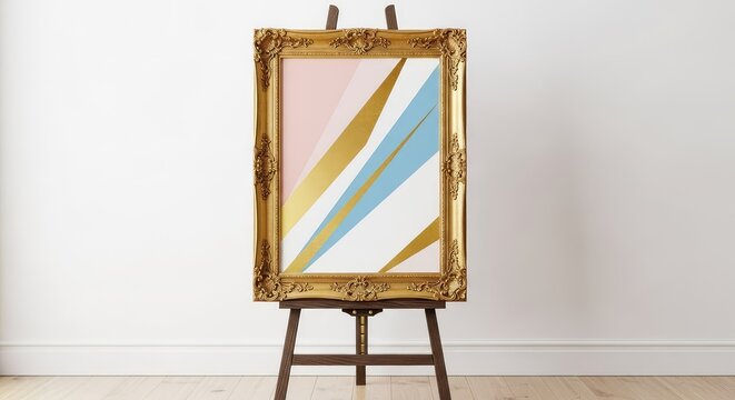 Elegant ornate gold poster frame stands vertically on a wooden easel against a soft white wall, perfect for a wedding seating chart mockup, wooden, reception, portrait