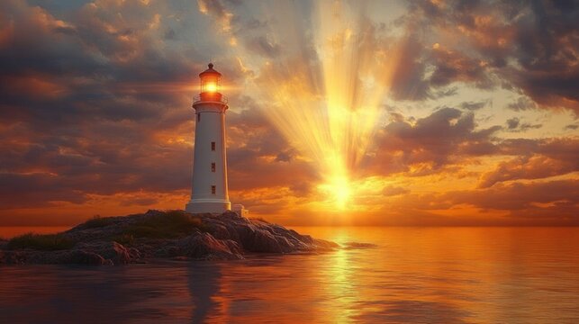 lighthouse on a rocky island bathed in golden sunset rays over a calm reflective sea with dramatic clouds and a serene hopeful atmosphere