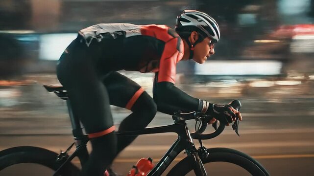 A cyclist in aero position speeds through a neon-lit city at night, wheels blurred; focused intensity and motion capture urban energy streaking lights, and relentless pursuit of performance