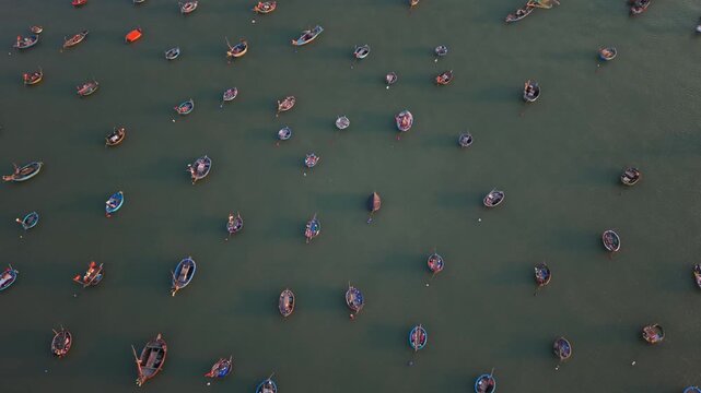 Vietnam, Da Nang Hued Vessels Arrange Harmonious Shapes On Tranquil Aquatic Surfaces. Colorful Ships Assemble Complex Geometric Arrangements On Peaceful Water Bodies To Create Visual Harmony