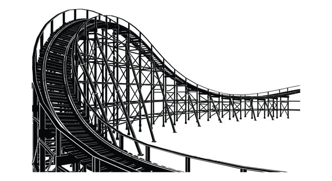 Detailed roller coaster track structure in black and white silhouette high quality professional detailed modern elegant stylish clean crisp vibrant colorful