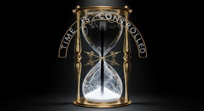An hourglass with Time Being Controlled words on metallic frame against dark background